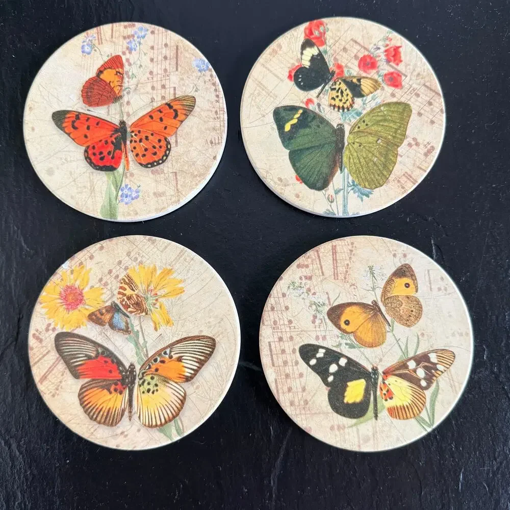 Set‎ of 4 Round Stoneware Corked Backed Butterfly Coasters Each One Unique